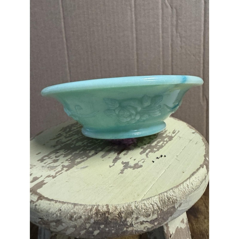 Vintage 70's Avon Aqua Milk Glass Vanity Bowl Floral Trinket Tray Jewelry Dish - Picture 10 of 14